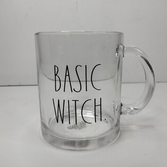 New Rae Dunn BASIC WITCH Clear Glass Mug for tea/coffee & more 18oz RARE - Picture 1 of 10